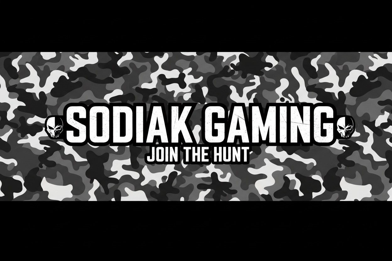 Sodiak Gaming logo mod hvid og grå camouflagemønstret baggrund med teksten "Join the hunt" og to kranie-ikoner.